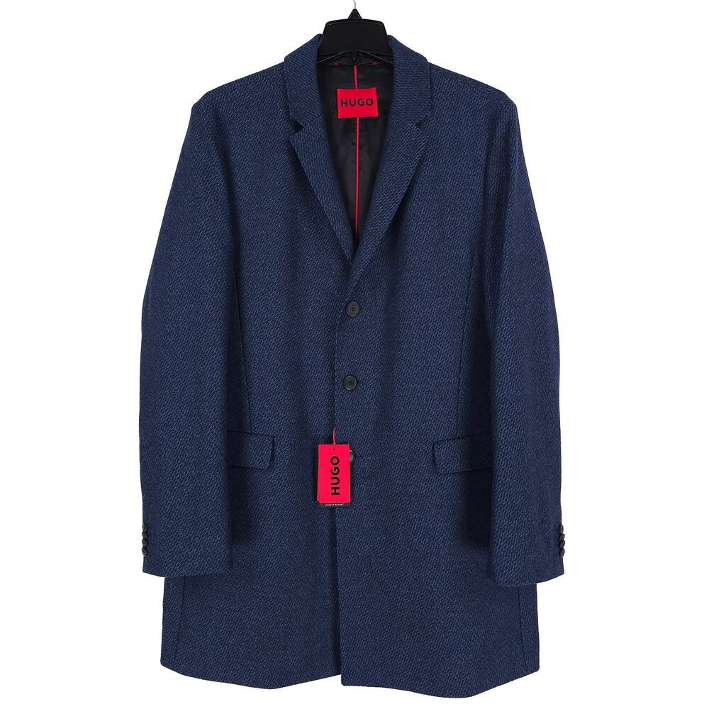 Hugo Boss Mens Migor Slim Fit Overcoat 46R Dark Blue Textured Wool Blend NWT